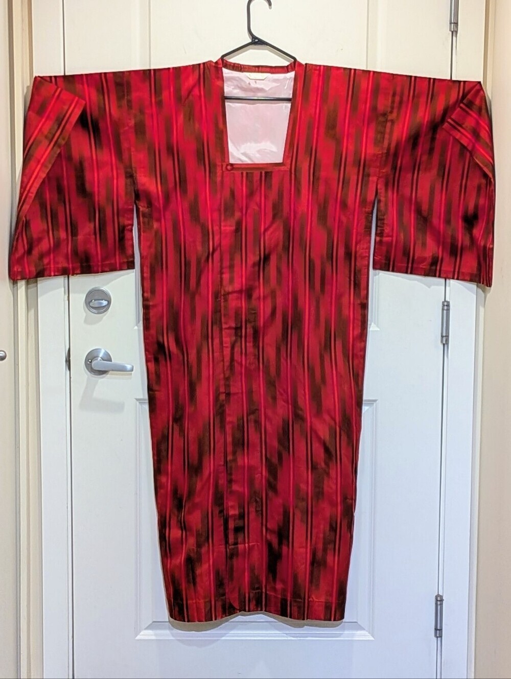 EUC Budo Vintage Red and Black Kasuri Pattern Michiyuki Kimono Overcoat
